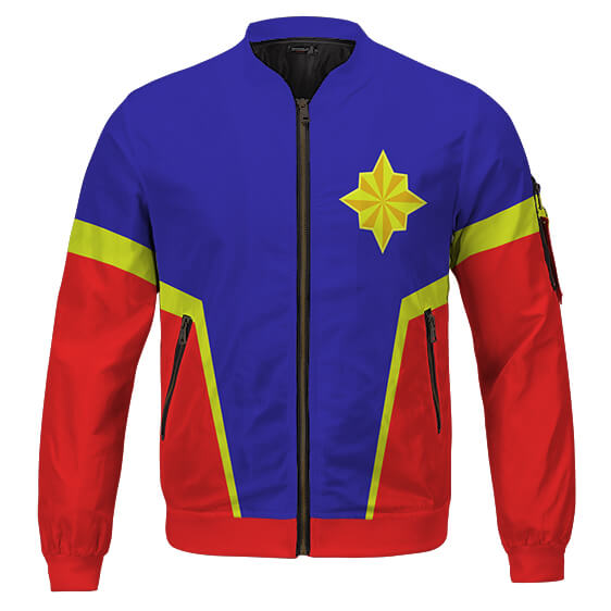 Captain Marvel Costume Bleu Rouge Doré Blouson Cosplay